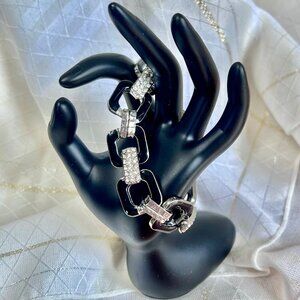 Vintage Black and Silver Metal Bracelet with Rhinestone Accents